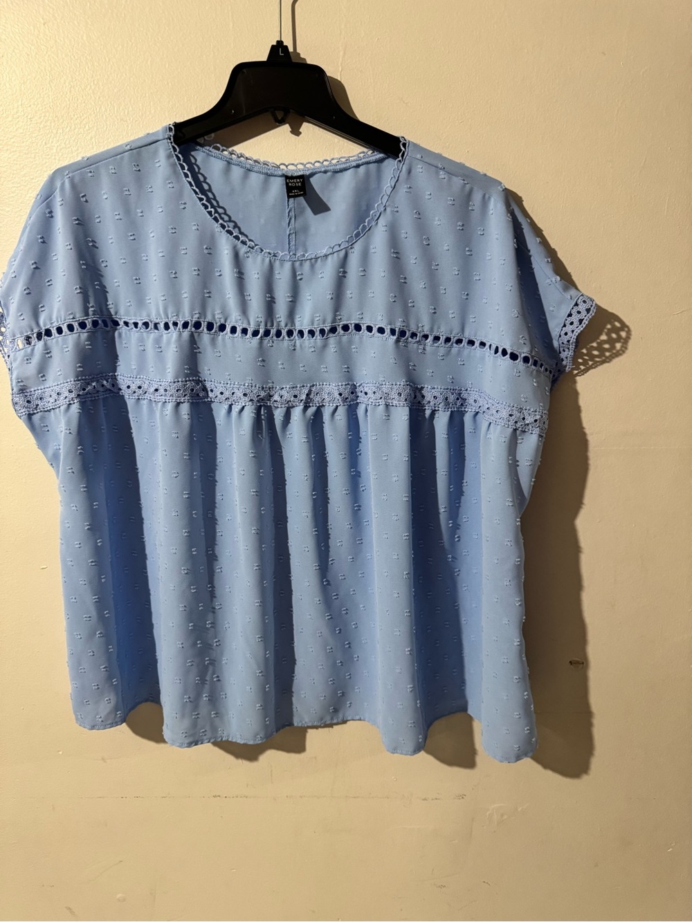 Light Blue Eyelet Trim Short Sleeve Blouse by George